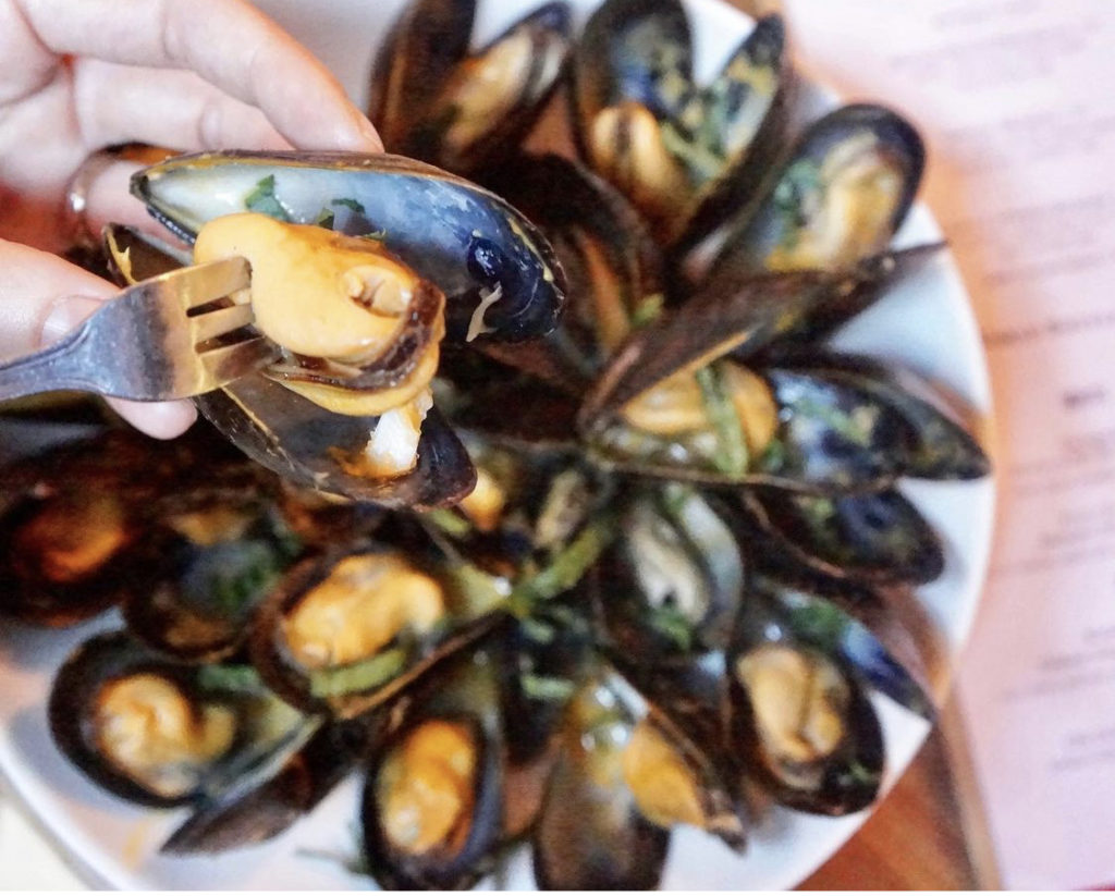 P.E.I. Mussels with Harissa and Green Olives